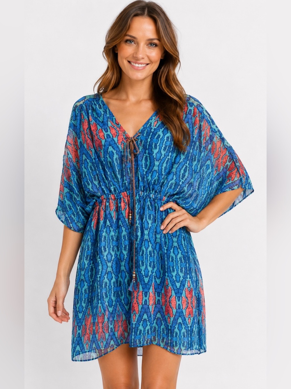 Nicole Miller Geometric lace up V-Neck Kaftan Kimono dress swim cover size 8
